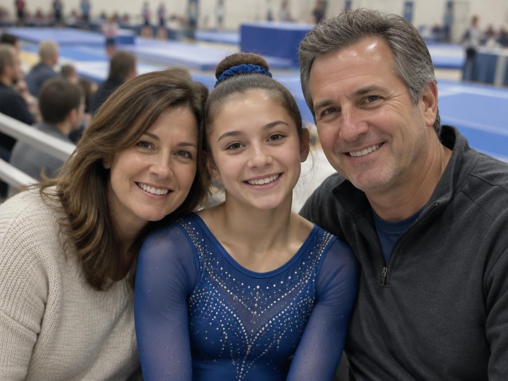 Illustrative image of a gymnast celebrating with her family